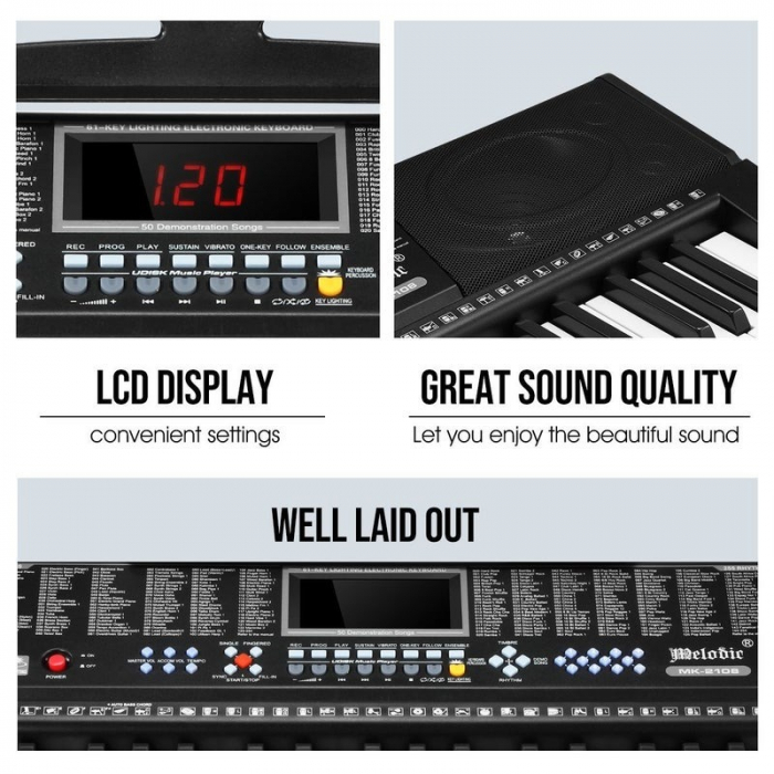 Orga electronica 61 clape, 255 ritmuri, 255 timbre, 50 melodii demonstrative, 5 octave, clape luminate led, functii invatare 3 lectii, functii inregistrare si redare, usb, mp3, afisaj lcd, suport part [14]