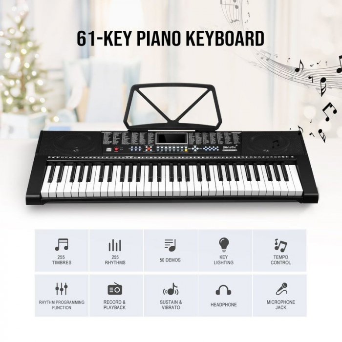 Orga electronica 61 clape, 255 ritmuri, 255 timbre, 50 melodii demonstrative, 5 octave, clape luminate led, functii invatare 3 lectii, functii inregistrare si redare, usb, mp3, afisaj lcd, suport part [19]