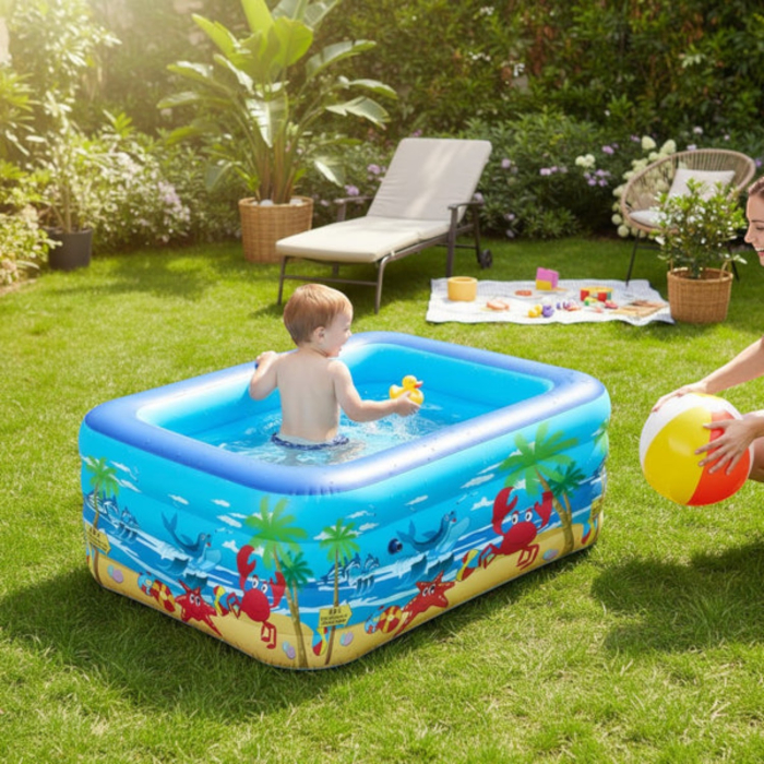 Piscina gonflabila din PVC rezistent, 150x102x50 cm, 3 inele, design tropical, pentru gradina si terasa [3]