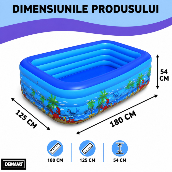 Piscina gonflabila familiala din PVC rezistent, 180x125x54 cm, 3 inele, design tropical, pentru curte si gradina [7]