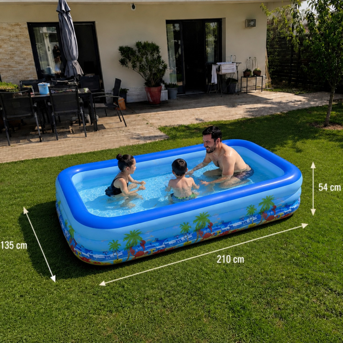 Piscina gonflabila familiala din PVC rezistent, 210x135x54 cm, 3 inele, design tropical, pentru curte si gradina [7]
