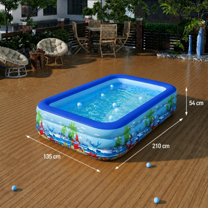 Piscina gonflabila familiala din PVC rezistent, 210x135x54 cm, 3 inele, design tropical, pentru curte si gradina [8]