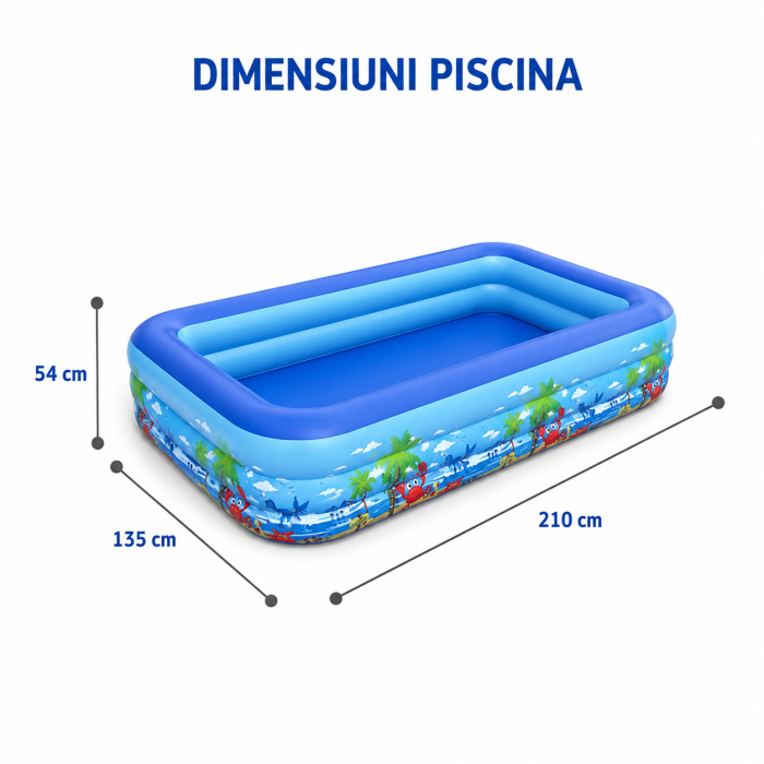 Piscina gonflabila familiala din PVC rezistent, 210x135x54 cm, 3 inele, design tropical, pentru curte si gradina [9]