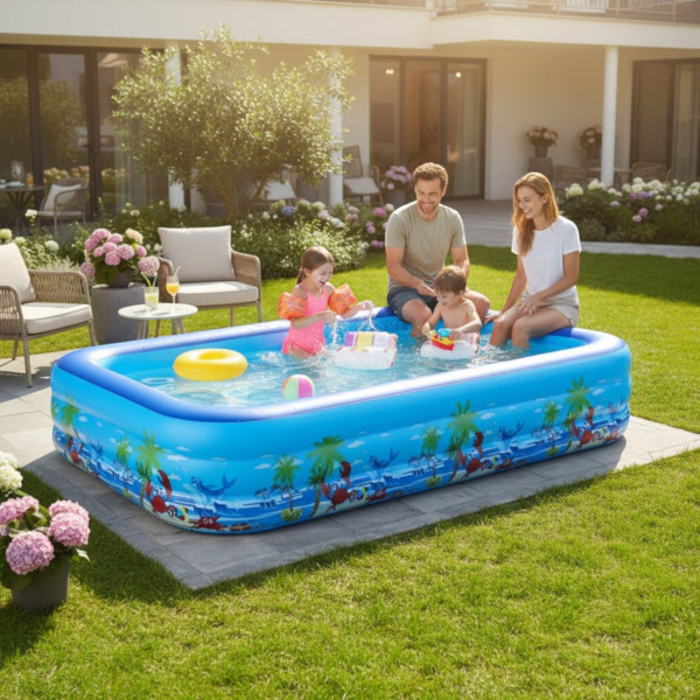 Piscina gonflabila familiala din PVC rezistent, 210x135x54 cm, 3 inele, design tropical, pentru curte si gradina [2]