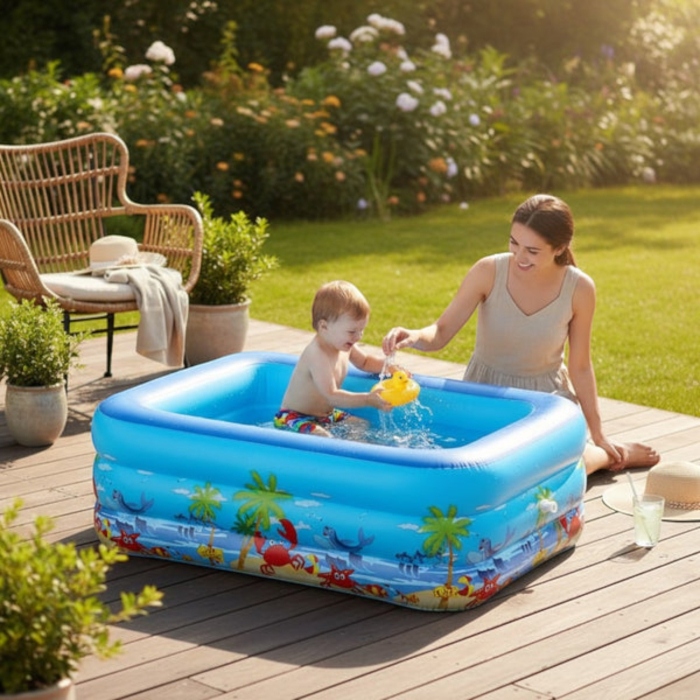 Piscina gonflabila pentru copii din PVC rezistent, 115x82x33 cm, 3 inele, design tropical, pentru terasa si curte [5]