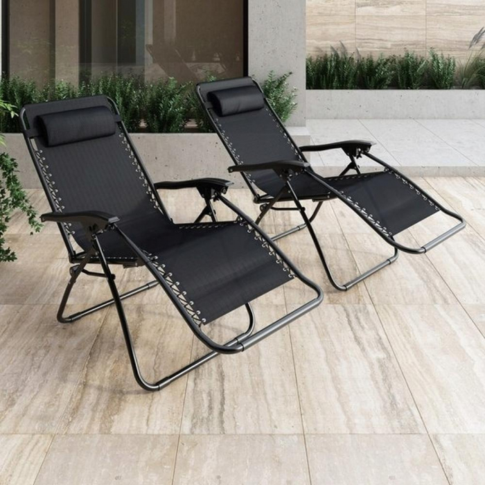Set 2 Sezlong Scaun Pliabil, Gravitatie Zero, Pentru Terasa, Gradina Sau Plaja , Tetiera, Suport Bauturi, Reglabil, Negru din Textilen, 90x65x110cm [2]