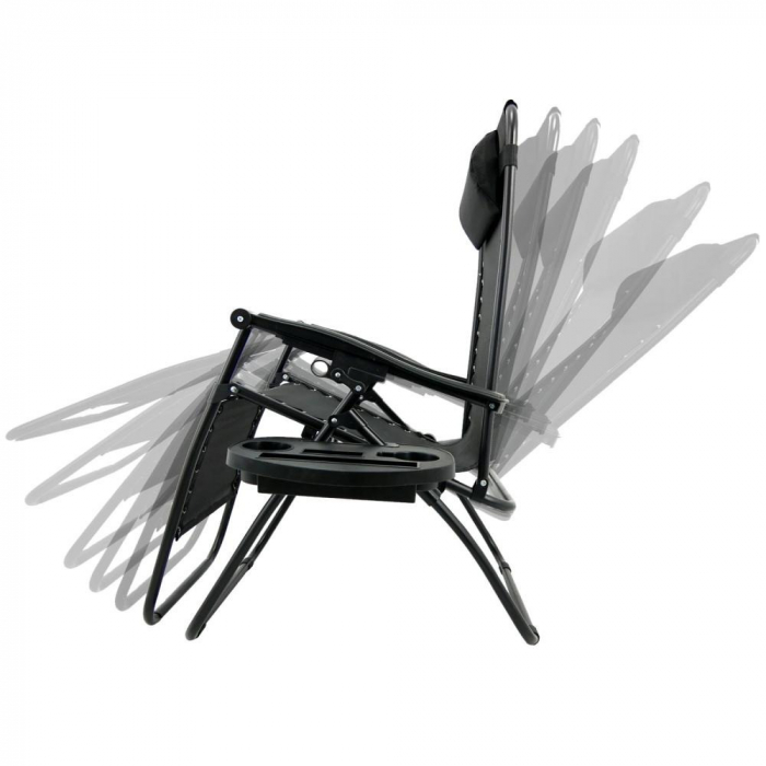 Set 2 Sezlong Scaun Pliabil, Gravitatie Zero, Pentru Terasa, Gradina Sau Plaja , Tetiera, Suport Bauturi, Reglabil, Negru din Textilen, 90x65x110cm [6]