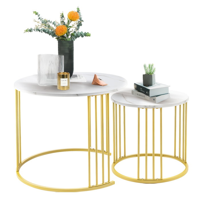 Set de 2 masute de cafea tip "Nesting", design rotund, masute laterale moderne pentru dormitor si sufragerie, Alb/Auriu [2]
