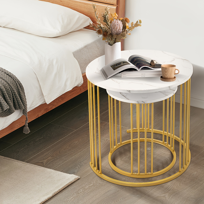 Set de 2 masute de cafea tip "Nesting", design rotund, masute laterale moderne pentru dormitor si sufragerie, Alb/Auriu [5]