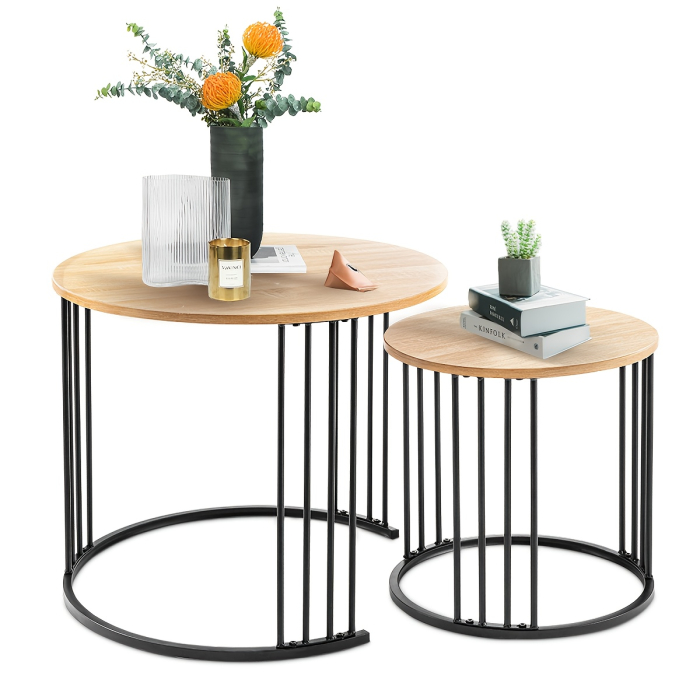 Set de 2 masute de cafea tip "Nesting", design rotund, masute laterale moderne pentru dormitor si sufragerie, Alb/Auriu [9]