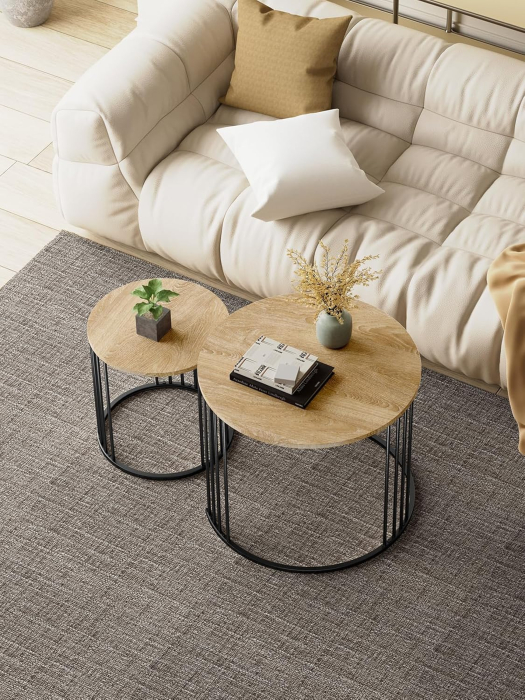 Set de 2 masute de cafea tip "Nesting", design rotund, masute laterale moderne pentru dormitor si sufragerie, Bej/Negru [8]