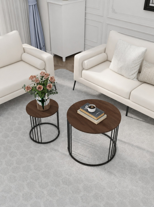 Set de 2 masute de cafea tip "Nesting", design rotund, masute laterale moderne pentru dormitor si sufragerie, Maro/Negru [3]
