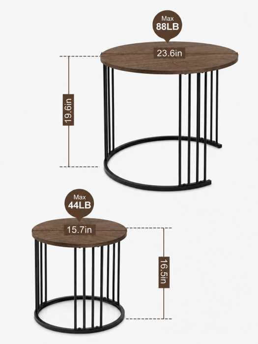 Set de 2 masute de cafea tip "Nesting", design rotund, masute laterale moderne pentru dormitor si sufragerie, Maro/Negru [5]