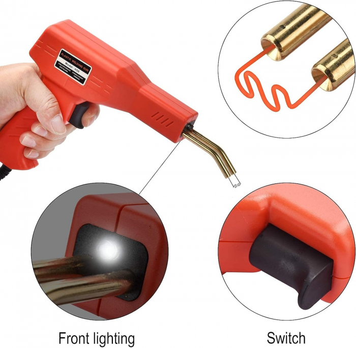 Set pistol si capse 7STAR ® pentru lipit plastic, sudat plastic, repararea fisurilor din plastic, 200 capse si geanta transport incluse, putere 50W, Rosu [3]