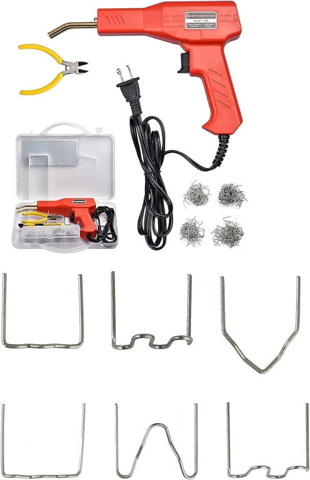 Set pistol si capse 7STAR ® pentru lipit plastic, sudat plastic, repararea fisurilor din plastic, 200 capse si geanta transport incluse, putere 50W, Rosu [7]
