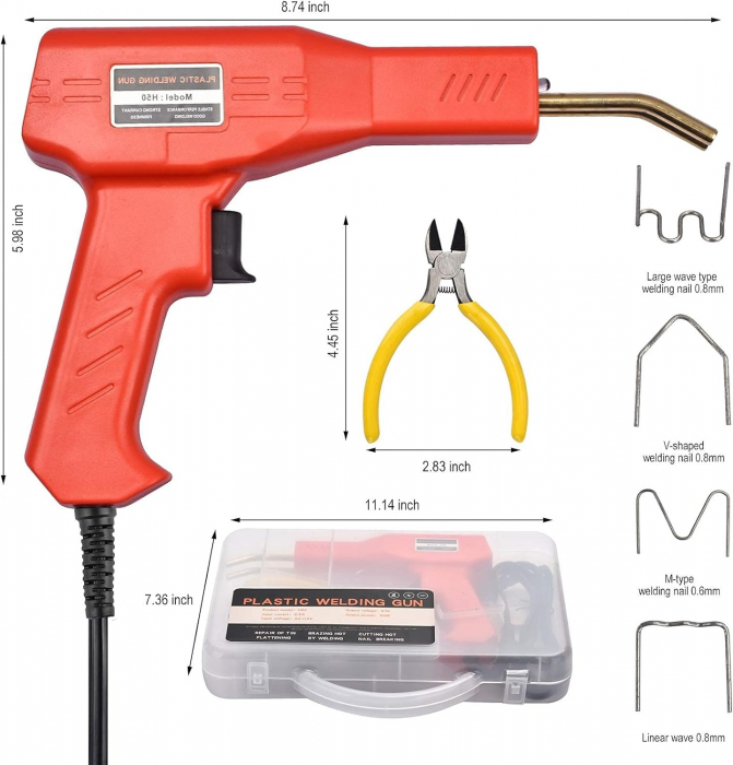 Set pistol si capse 7STAR ® pentru lipit plastic, sudat plastic, repararea fisurilor din plastic, 200 capse si geanta transport incluse, putere 50W, Rosu [2]