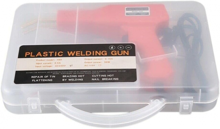 Set pistol si capse 7STAR ® pentru lipit plastic, sudat plastic, repararea fisurilor din plastic, 200 capse si geanta transport incluse, putere 50W, Rosu [8]