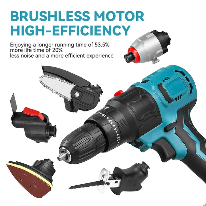 Bormasina fara fir 6 in 1, drujba cu lant interschimbabil, fierastrau sabie, surubelnita, cap de slefuire, lopata, cap multifunctional cu adaptor USB,  2 acumulatori 48V si incarcator, trusa multifunc [4]