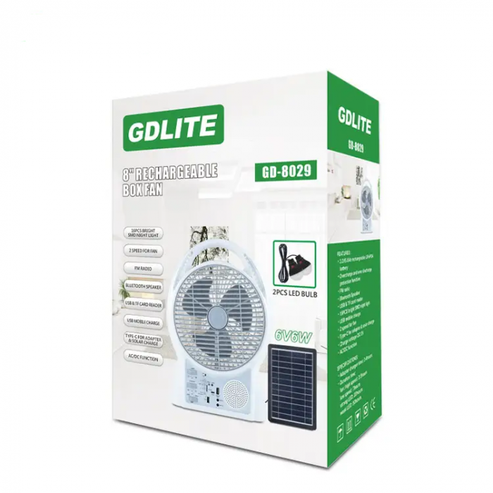 Ventilator solar de birou multifunctional cu incarcare solara si panou solar, 8 inch, 2 viteze, 2 becuri, 1 lampa, boxa incorporata, incarcare telefonica, radio fm, bluetooth, usb, autonomie mare, Alb [6]