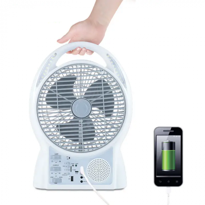 Ventilator solar de birou multifunctional cu incarcare solara si panou solar, 8 inch, 2 viteze, 2 becuri, 1 lampa, boxa incorporata, incarcare telefonica, radio fm, bluetooth, usb, autonomie mare, Alb [4]