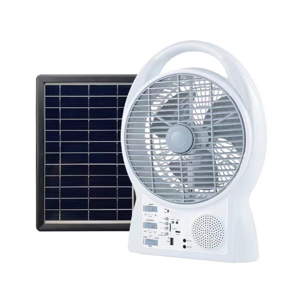 Ventilator solar de birou multifunctional cu incarcare solara si panou solar, 8 inch, 2 viteze, 2 becuri, 1 lampa, boxa incorporata, incarcare telefonica, radio fm, bluetooth, usb, autonomie mare, Alb [2]