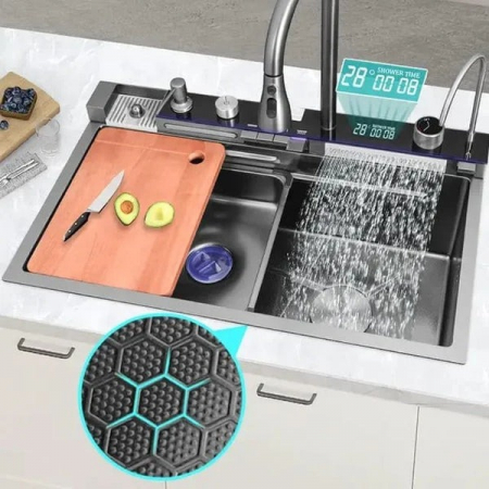 Chiuveta multifunctionala cu 2 cascade cu accesorii incluse, afisaj digital a temperaturii si robinet cascada, culoare negru grafit, dimensiune 750x460mm [2]