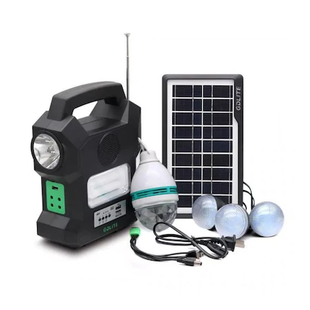 Sisteme si panouri solare - Kit Solar Portabil GDLITE GD-1000A, Panou Solar, USB, Bluetooth, Radio FM, MP3, Lanterna LED, 4 Becuri Incluse, Alimentare 220V