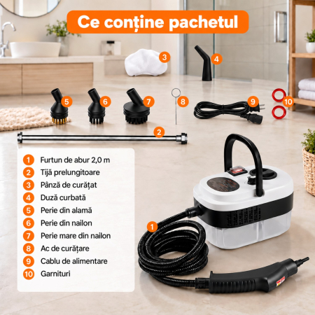 Aparat Profesional de Curatare cu Aburi 2500W, 105°C, Reglaj 6 Trepte, Degresare si Dezinfectare Rapida [11]