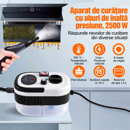 Aparat Profesional de Curatare cu Aburi 2500W, 105°C, Reglaj 6 Trepte, Degresare si Dezinfectare Rapida [2]