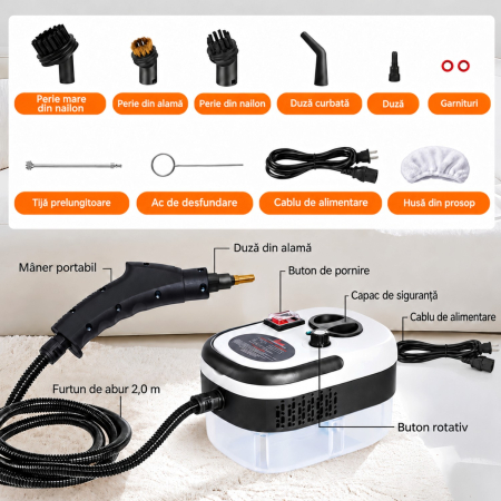 Aparat Profesional de Curatare cu Aburi 2500W, 105°C, Reglaj 6 Trepte, Degresare si Dezinfectare Rapida [12]