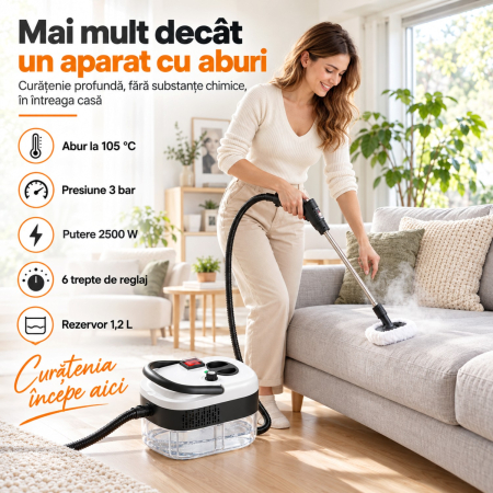Aparat Profesional de Curatare cu Aburi 2500W, 105°C, Reglaj 6 Trepte, Degresare si Dezinfectare Rapida [15]
