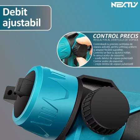 Pistol de vopsit cu acumulator, capacitate 800 ml, debit reglabil, 3 moduri de pulverizare, autonomie mare, 2 acumulatori inclusi de 48V, vascozitate 130din, debit maxim 1l/min, negru-albastru [6]