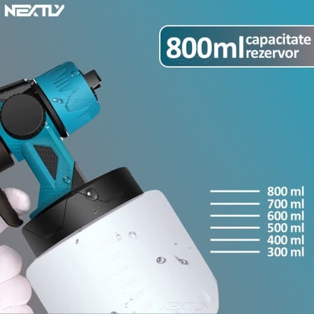 Pistol de vopsit cu acumulator, capacitate 800 ml, debit reglabil, 3 moduri de pulverizare, autonomie mare, 2 acumulatori inclusi de 48V, vascozitate 130din, debit maxim 1l/min, negru-albastru [5]