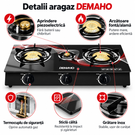 Aragaz DEMAHO cu 3 Ochiuri, Plita din Sticla Securizata, Aprindere Piezoelectrica, Arzatoare Fonta/Alama, Siguranta Termocuplu, GPL, 70x37.5x8.5 cm, Negru [4]