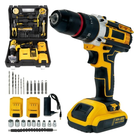 Casa, Gradina & Bricolaj - Bormasina de gaurit si insurubat cu acumulator, 7STAR ® cu percutie, autofiletanta, 30 accesorii, 2 acumulatori, 36V 8.0 Ah, 500W, statie incarcare, valiza transport, design modern, Galben/Negru