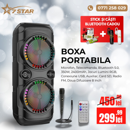 Boxe Portabile - Boxa Portabila Tip Troler 7STAR®, Microfon, Telecomanda, Bluetooth 5.0, 350W, 2400mAh, Jocuri Lumini RGB, Conexiune USB, Auxiliar, Card SD, Radio FM, Doua Difuzoare 8 Inch, Cadou Stick USB + Casca Blu