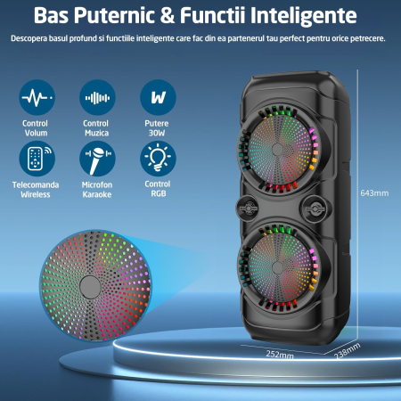 Boxa Portabila Tip Troler 7STAR®, Microfon, Telecomanda, Bluetooth 5.0, 350W, 2400mAh, Jocuri Lumini RGB, Conexiune USB, Auxiliar, Card SD, Radio FM, Doua Difuzoare 8 Inch [5]