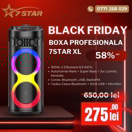 Audio - Boxa Profesionala 7STAR XL 300W, 2 Difuzoare 6.5 INCH, Autonomie Mare + Super Bass + Joc Lumini, Karaoke, Conex. Bluetooth, USB, RadioFM, Cadou Casca Bluetooth + Stick USB + Microfon