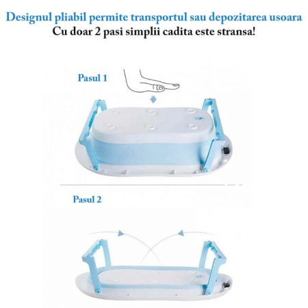 Cadita cu pernuta pentru bebelusi, termometru digital incorporat, pliabila, dop de scurgere, picioare anti-alunecare, design ergonomic, 75 x 45 x 22 cm, Albastru [2]