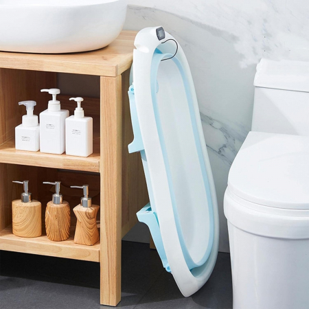 Cadita cu pernuta pentru bebelusi, termometru digital incorporat, pliabila, dop de scurgere, picioare anti-alunecare, design ergonomic, 75 x 45 x 22 cm, Albastru [5]