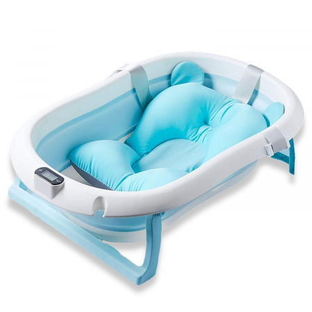 Jucarii, Copii & Bebe - Cadita cu pernuta pentru bebelusi, termometru digital incorporat, pliabila, dop de scurgere, picioare anti-alunecare, design ergonomic, 75 x 45 x 22 cm, Albastru