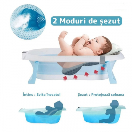 Cadita cu pernuta pentru bebelusi, termometru digital incorporat, pliabila, dop de scurgere, picioare anti-alunecare, design ergonomic, 75 x 45 x 22 cm, Albastru [1]