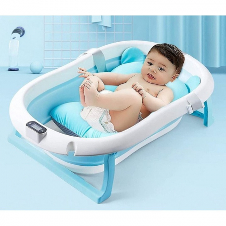 Cadita cu pernuta pentru bebelusi, termometru digital incorporat, pliabila, dop de scurgere, picioare anti-alunecare, design ergonomic, 75 x 45 x 22 cm, Albastru [6]