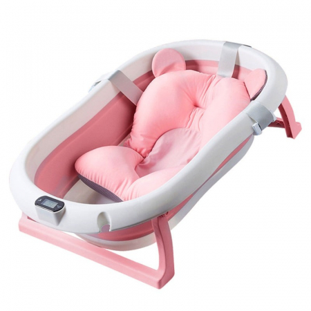 Jucarii, Copii & Bebe - Cadita cu pernuta pentru bebelusi, termometru digital incorporat, pliabila, dop de scurgere, picioare anti-alunecare, design ergonomic, 75 x 45 x 22 cm, Roz