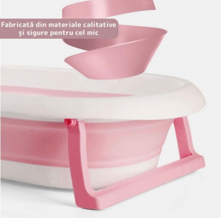 Cadita cu pernuta pentru bebelusi, termometru digital incorporat, pliabila, dop de scurgere, picioare anti-alunecare, design ergonomic, 75 x 45 x 22 cm, Roz [2]