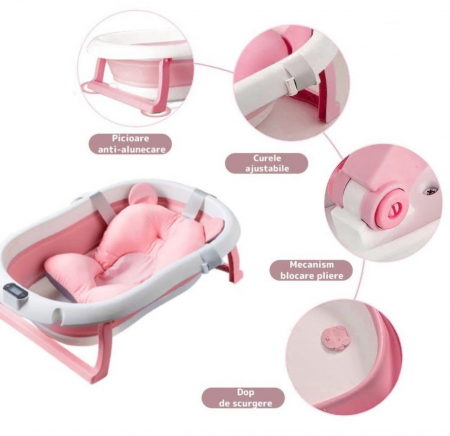 Cadita cu pernuta pentru bebelusi, termometru digital incorporat, pliabila, dop de scurgere, picioare anti-alunecare, design ergonomic, 75 x 45 x 22 cm, Roz [1]