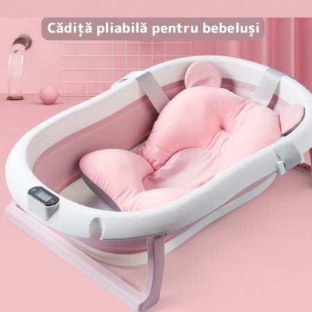 Cadita cu pernuta pentru bebelusi, termometru digital incorporat, pliabila, dop de scurgere, picioare anti-alunecare, design ergonomic, 75 x 45 x 22 cm, Roz [6]
