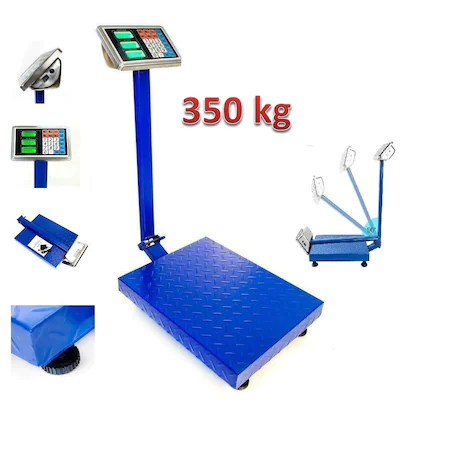 Cantar electronic 350kg cu acumulator si platforma metalica din tabla striata, brat rabatabil, functie Shake, afisaj LCD, Albastru [1]