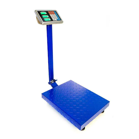 Cantare comerciale - Cantar electronic 350kg cu acumulator si platforma metalica din tabla striata, brat rabatabil, functie Shake, afisaj LCD, Albastru