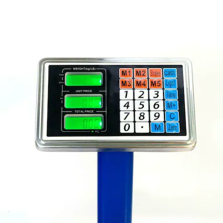 Cantar electronic 350kg cu acumulator si platforma metalica din tabla striata, brat rabatabil, functie Shake, afisaj LCD, Albastru [3]